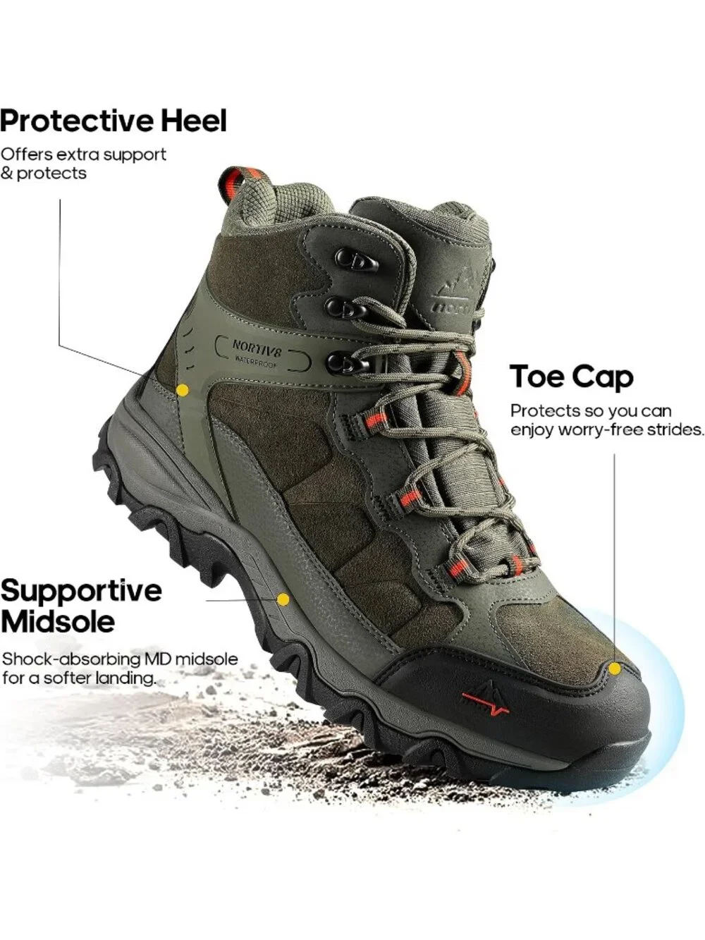 Men's Army Green Waterproof Shoes Casual Mid Top Round Toe Non Slip Hiking Boots